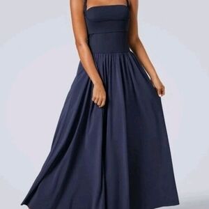 Halara Dress Sz L Navy Blue Breezeful Flowy Flare Maxi Quick Dry Casual Slip Nwt